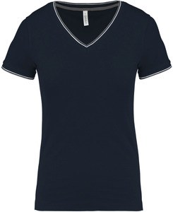 Kariban K394 - Dames V-hals piqué t-shirt Marine/ Lichtgrijs/ Wit