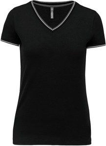Kariban K394 - Dames V-hals piqué t-shirt Zwart/ Lichtgrijs/Wit