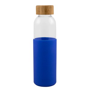 EgotierPro 50019 - Glazen Fles 500ml met Bamboe Dop & Siliconen Hoes GIN Blauw