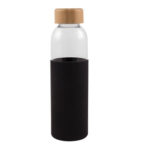 EgotierPro 50019 - Glazen Fles 500ml met Bamboe Dop & Siliconen Hoes GIN Zwart